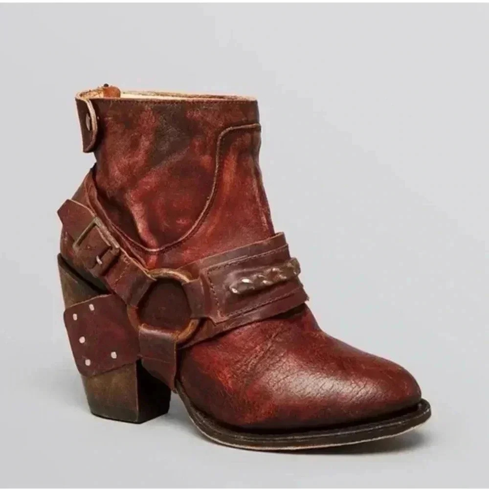 Rust Brown Leather Ankle Boot with Buckle Strap